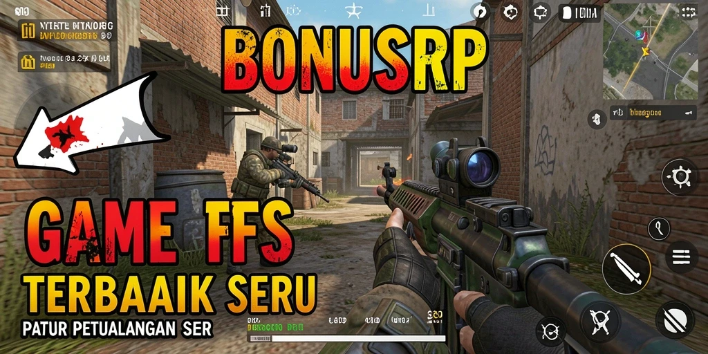 Tampilan gameplay menegangkan dalam BONUSRP yang penuh aksi FPS.