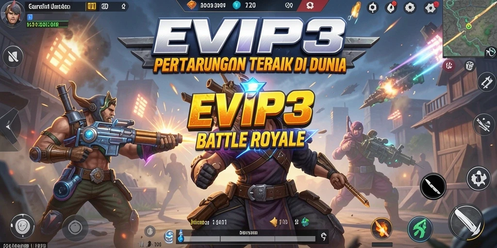 Screenshot menunjukkan pertempuran seru di EVIP3 Battle Royale.