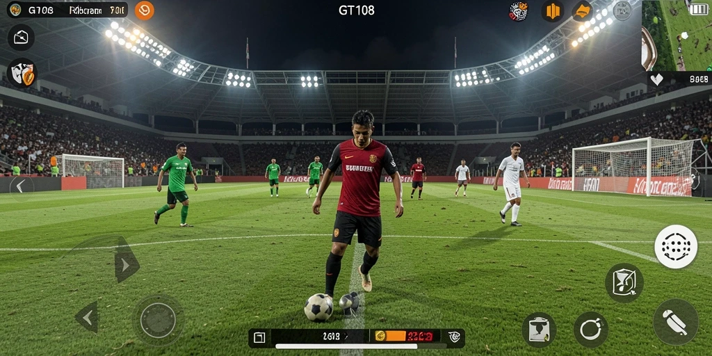 Screenshot gameplay GT108 menampilkan aksi seru di lapangan sepak bola.