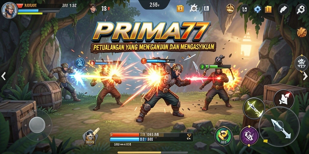 Tangkapan layar utama PRIMA77 menampilkan momen seru dalam permainan petualangan.