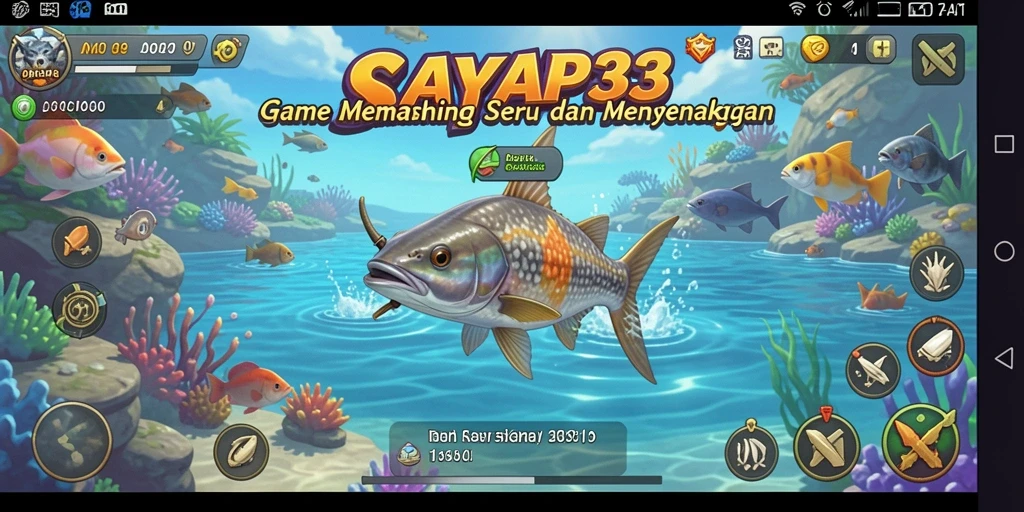 Screenshot gameplay SAYAP33 menampilkan pemain yang menangkap ikan di danau yang indah.
